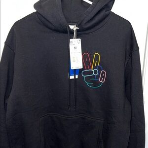 BN ADIDAS OG Black Hoodie with Colorful Peace Sign, Sz Med